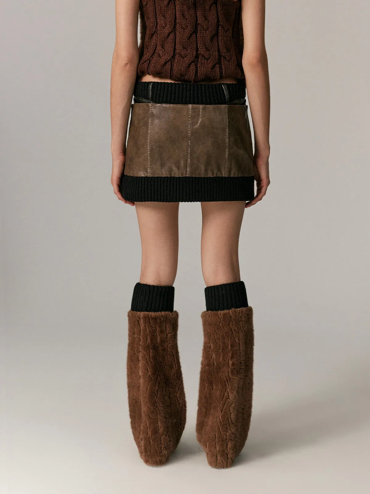Leather&Knit Nichi Trapezoid Vintage Mini-Skirt