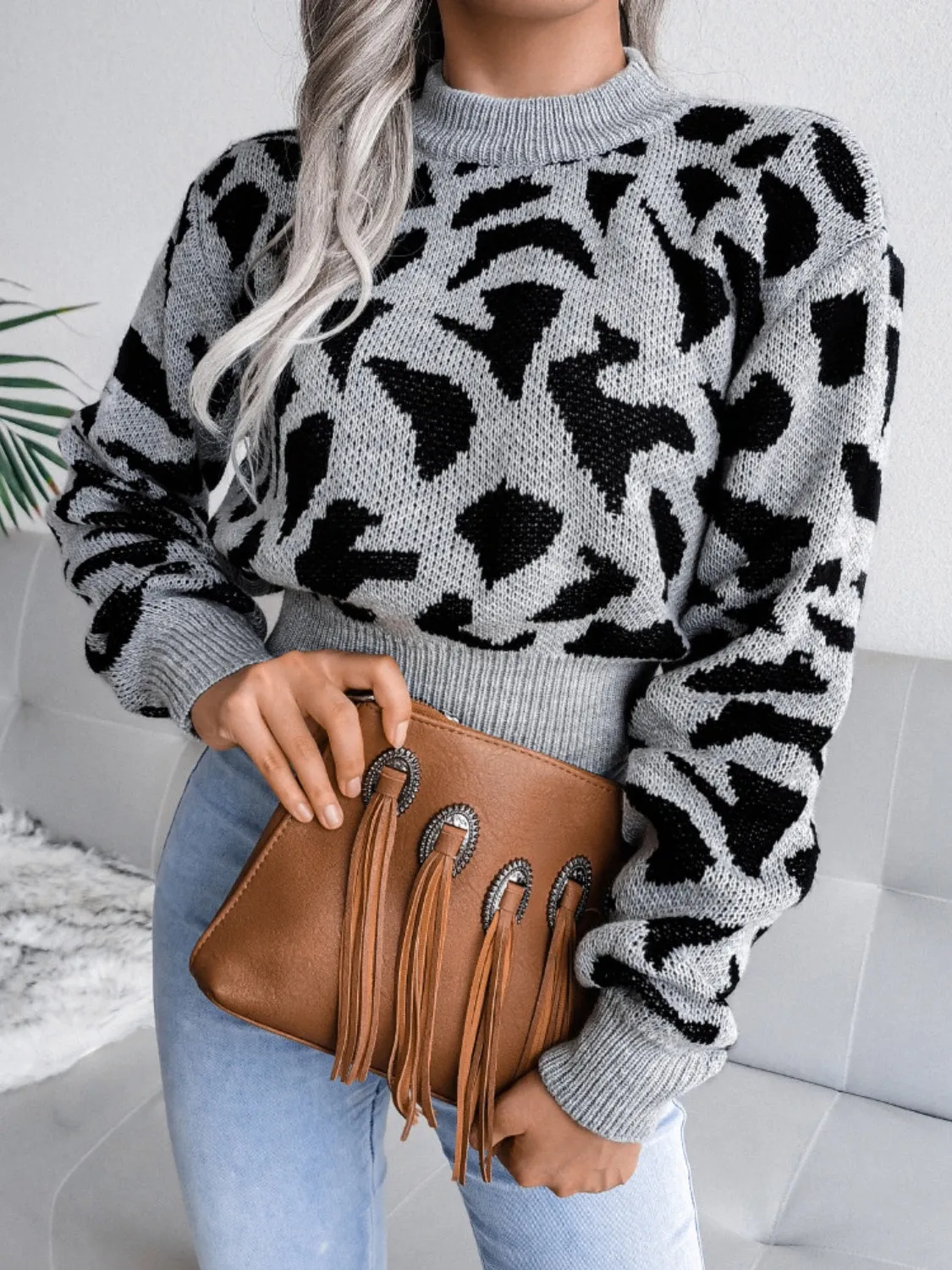 Leopard Women Sweater Cropped Round Neck Long Sleeve Soft Knit Pullover
