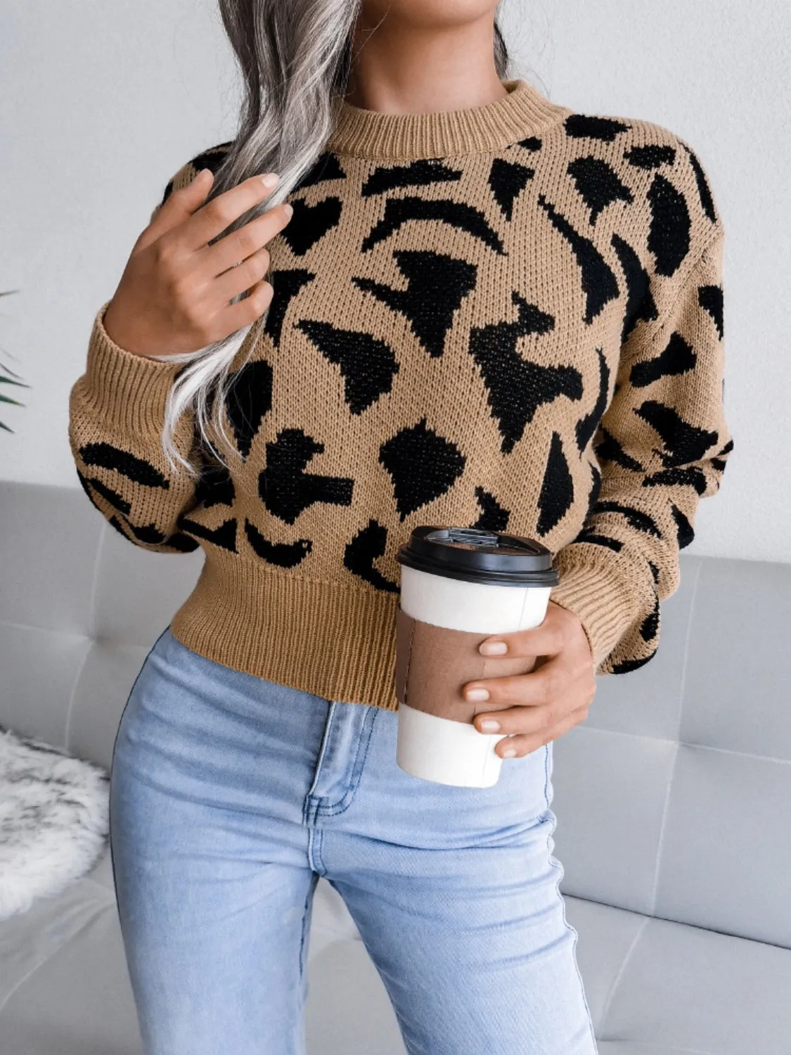 Leopard Women Sweater Cropped Round Neck Long Sleeve Soft Knit Pullover