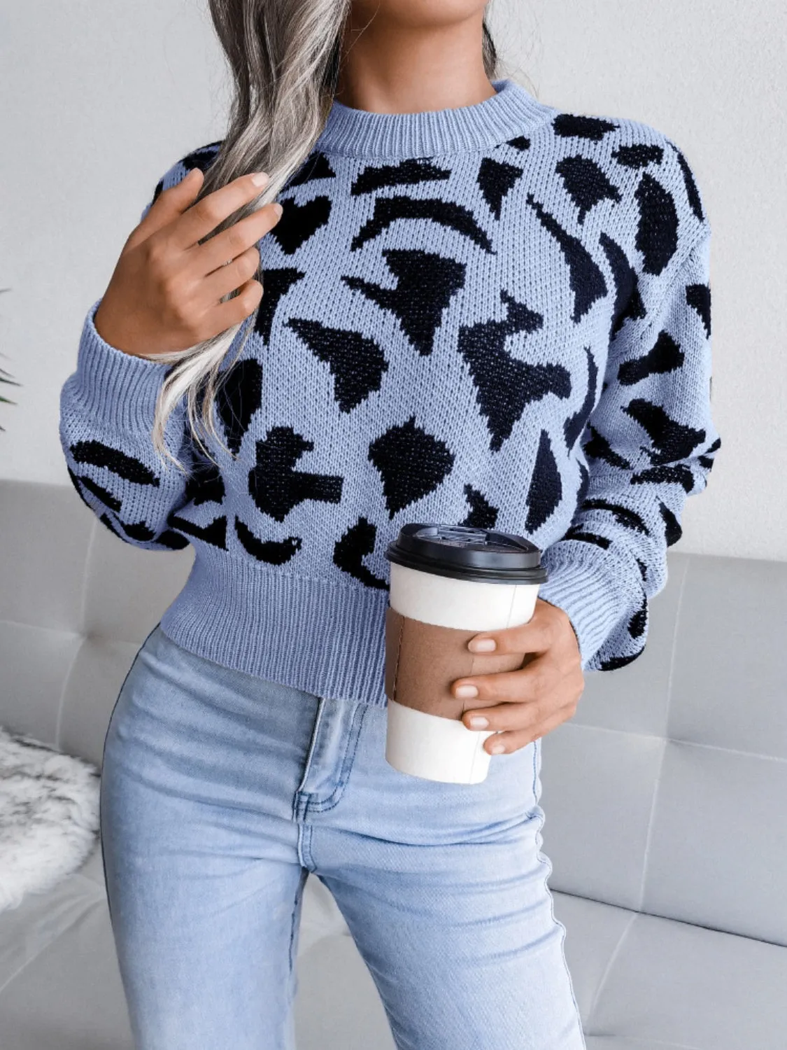 Leopard Women Sweater Cropped Round Neck Long Sleeve Soft Knit Pullover