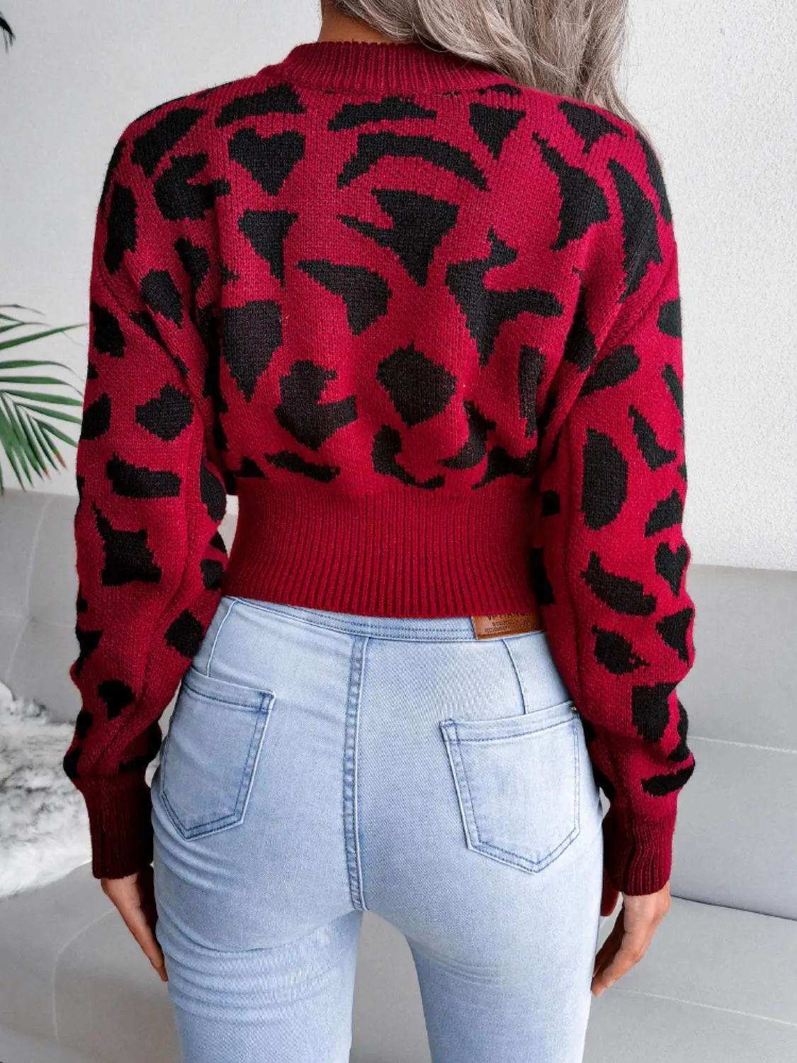 Leopard Women Sweater Cropped Round Neck Long Sleeve Soft Knit Pullover