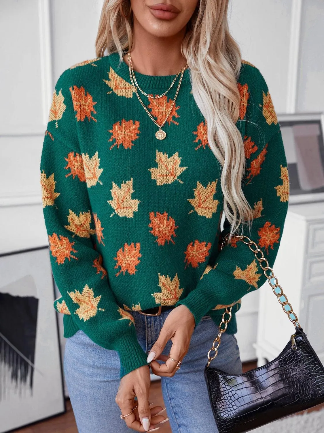 Maple Leaf Sweater Round Neck Long Sleeve Green Pullover