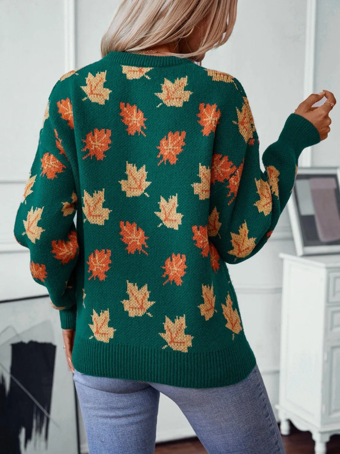 Maple Leaf Sweater Round Neck Long Sleeve Green Pullover