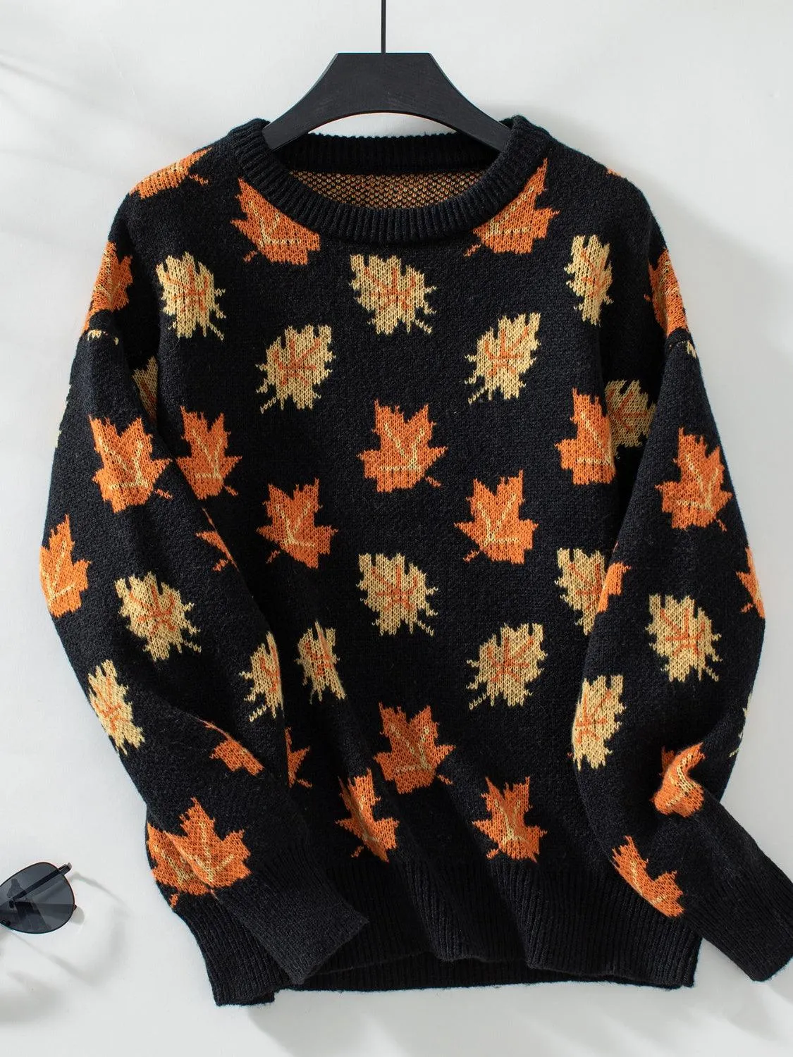Maple Leaf Sweater Round Neck Long Sleeve Green Pullover