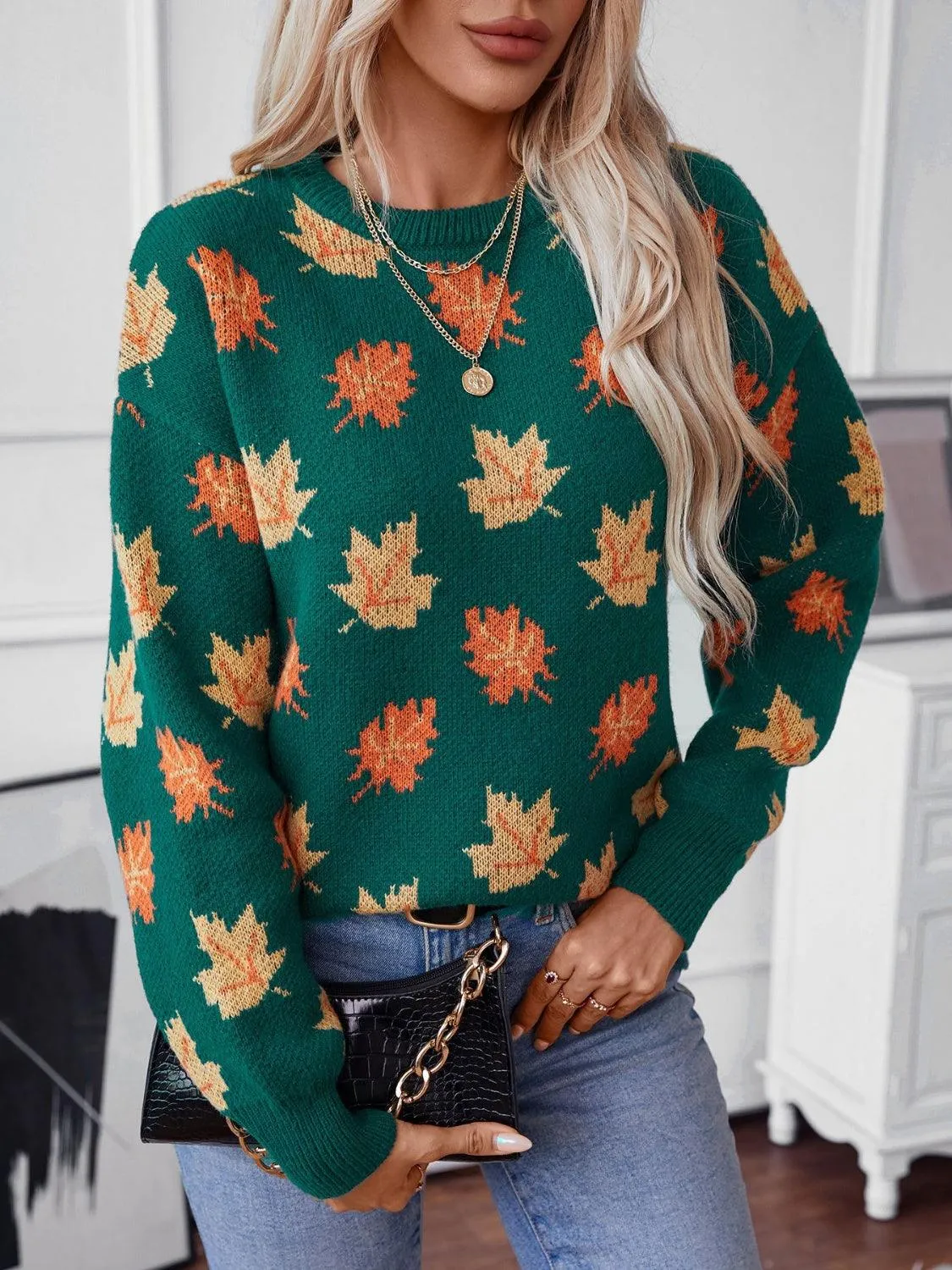 Maple Leaf Sweater Round Neck Long Sleeve Green Pullover