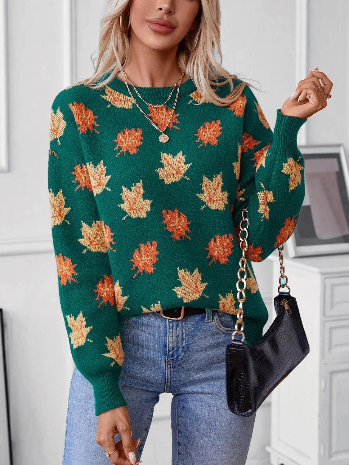 Maple Leaf Sweater Round Neck Long Sleeve Green Pullover