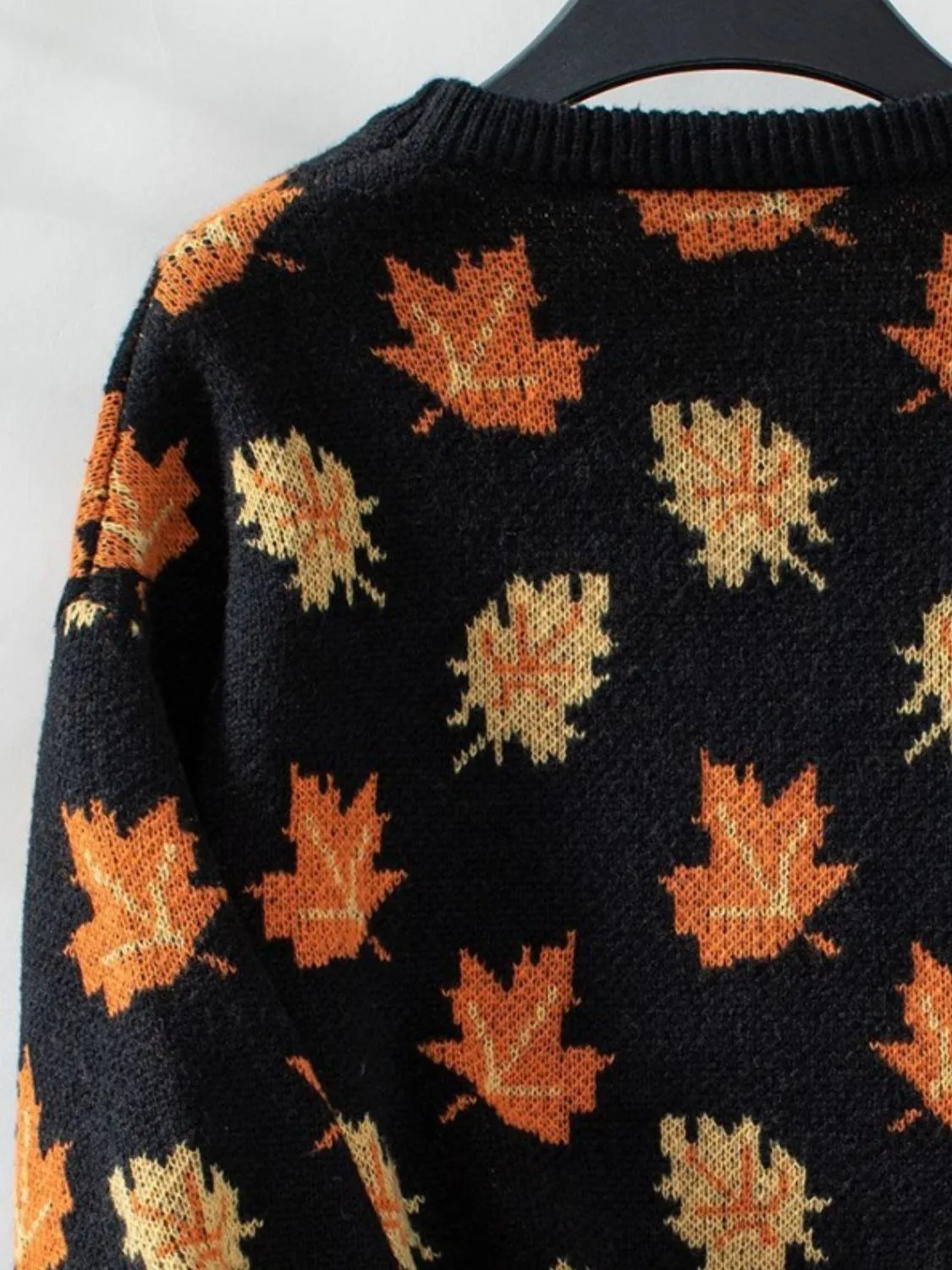 Maple Leaf Sweater Round Neck Long Sleeve Green Pullover