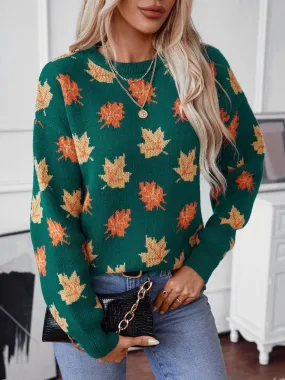 Maple Leaf Sweater Round Neck Long Sleeve Green Pullover