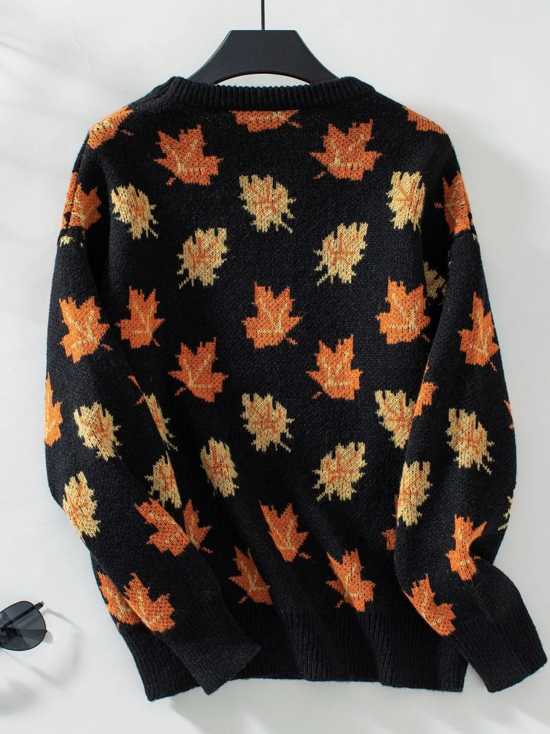 Maple Leaf Sweater Round Neck Long Sleeve Green Pullover