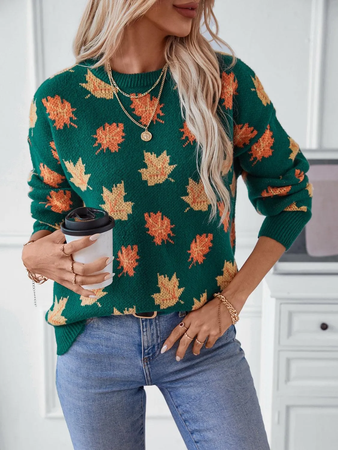 Maple Leaf Sweater Round Neck Long Sleeve Green Pullover