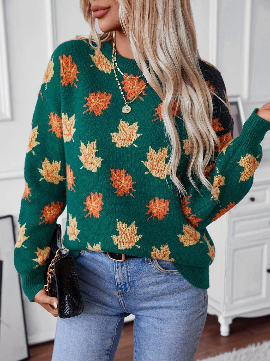 Maple Leaf Sweater Round Neck Long Sleeve Green Pullover