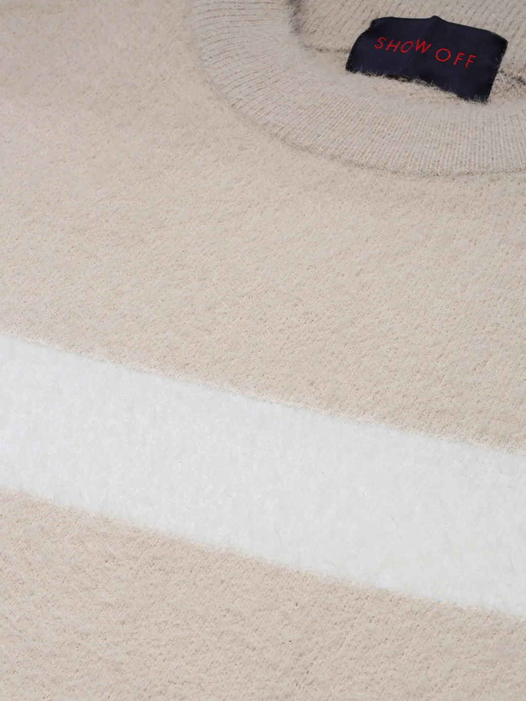 Men Round Neck Solid Beige Pullover