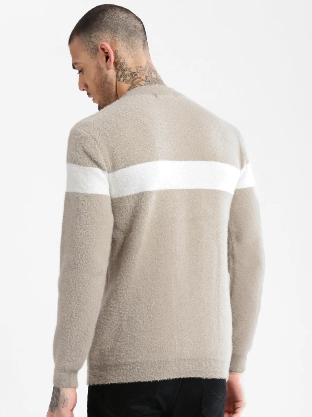 Men Round Neck Solid Beige Pullover
