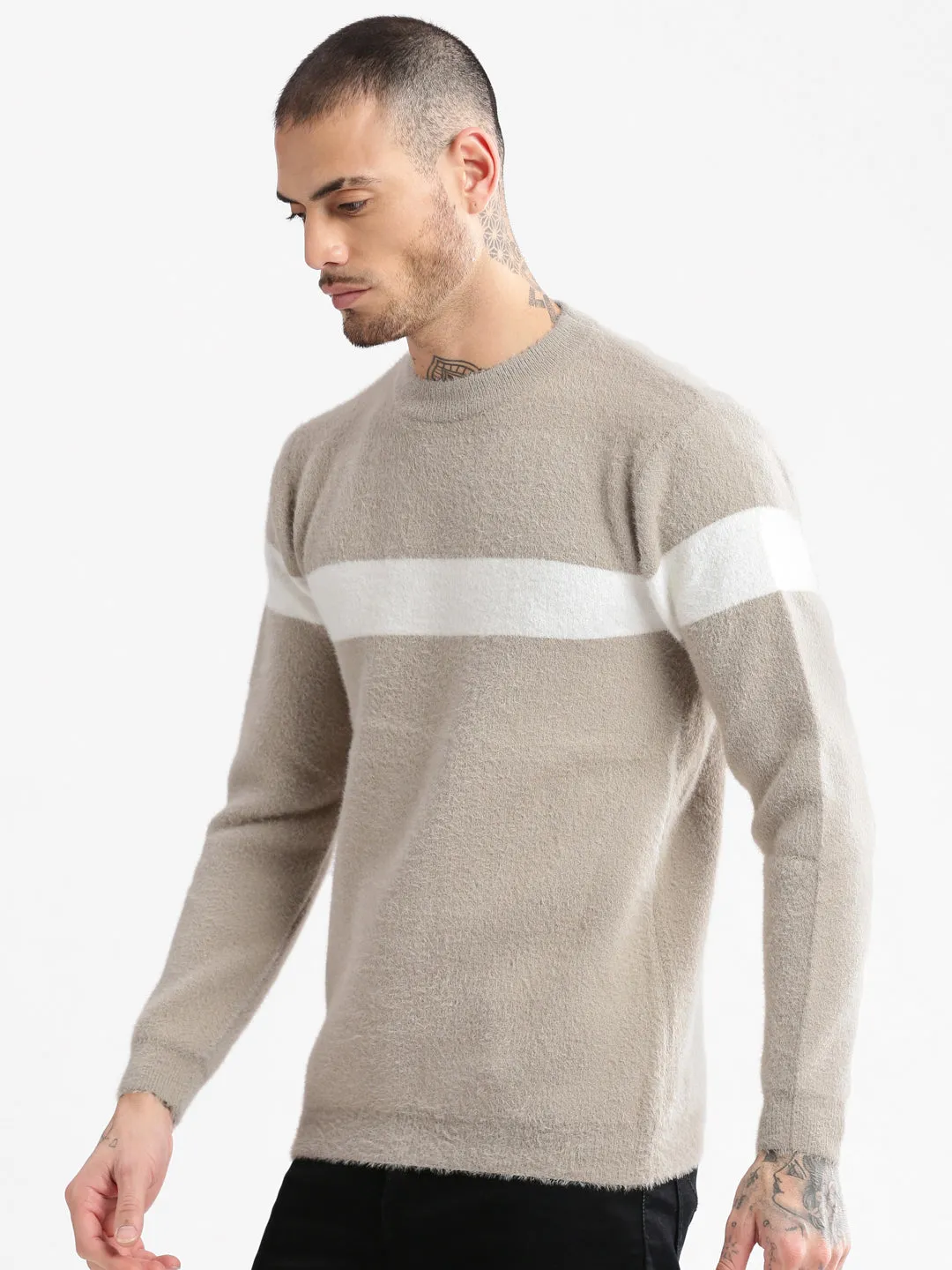 Men Round Neck Solid Beige Pullover