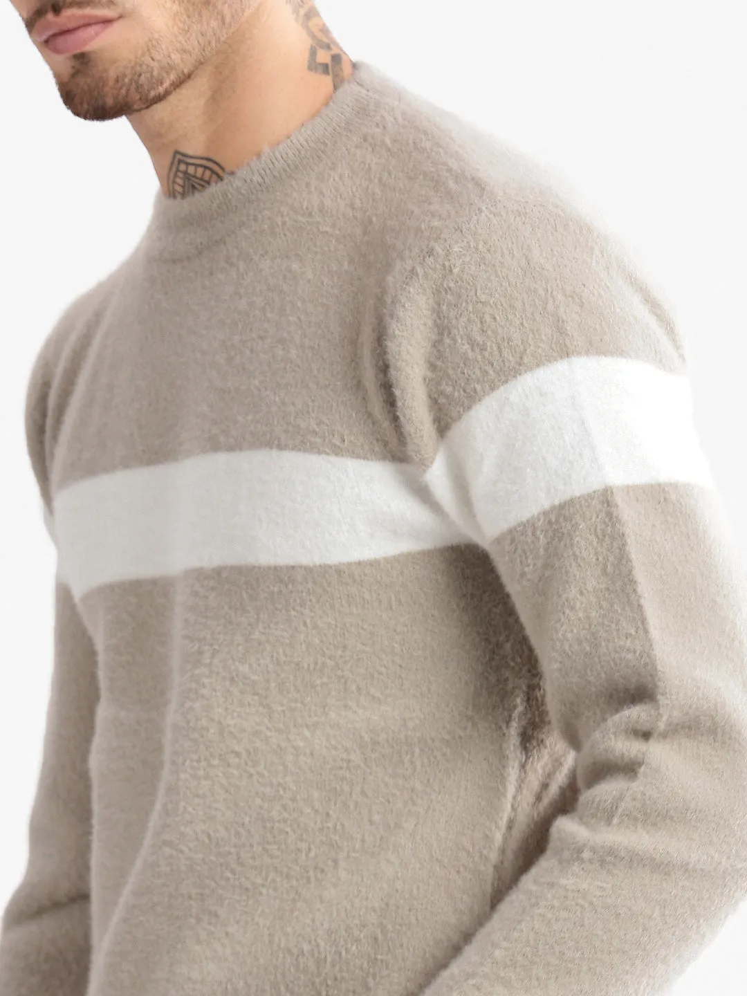 Men Round Neck Solid Beige Pullover