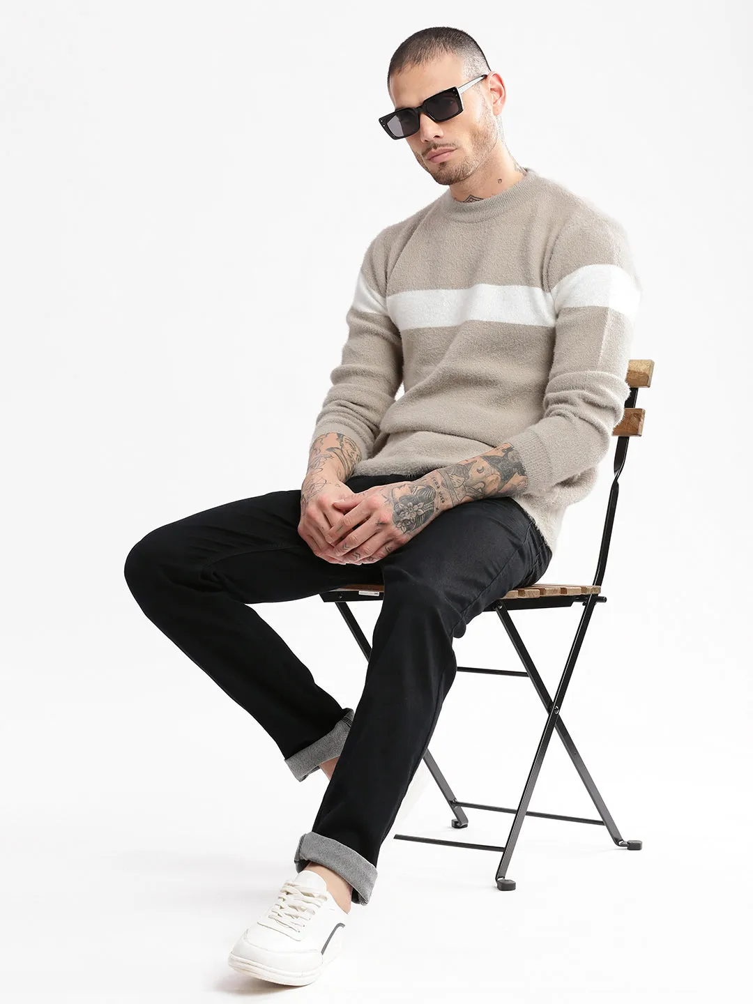 Men Round Neck Solid Beige Pullover
