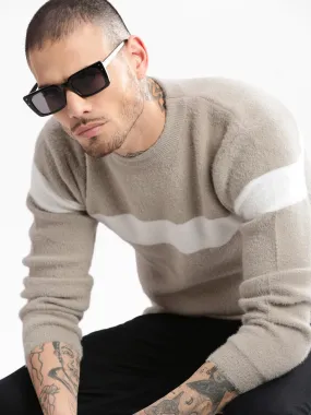 Men Round Neck Solid Beige Pullover