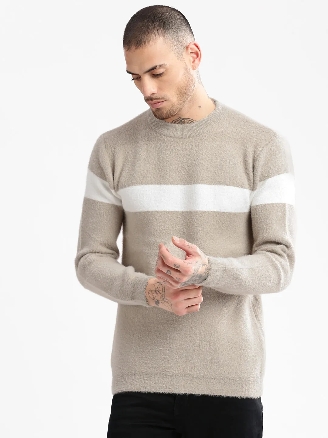 Men Round Neck Solid Beige Pullover