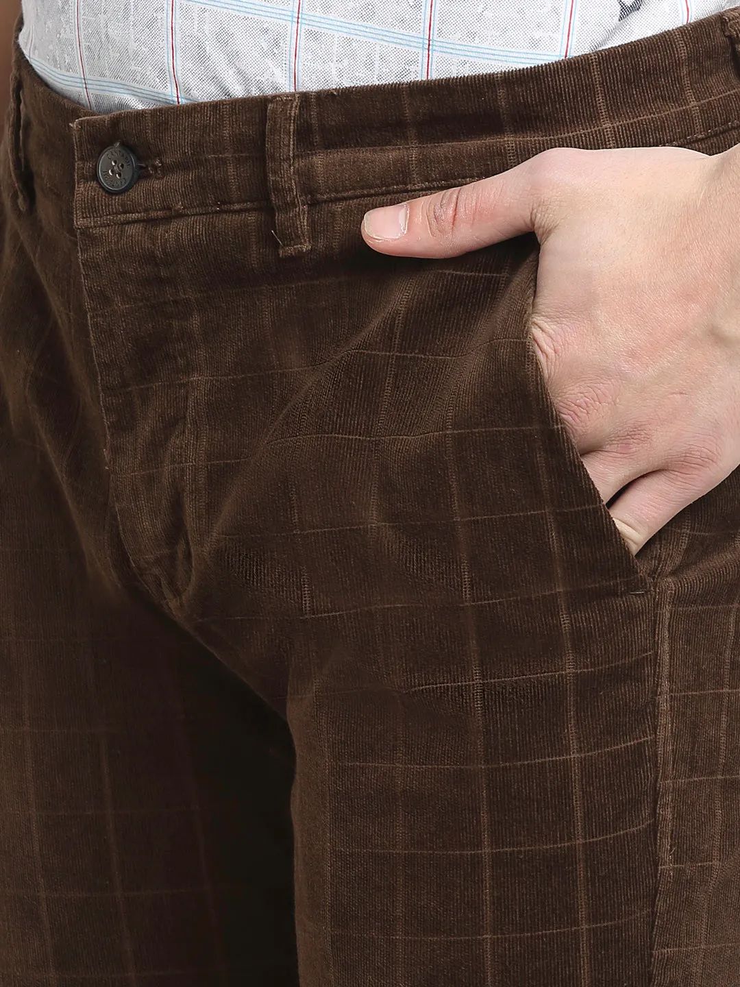 Men's Casual Flat front Brown Corduroy Checks Trousers