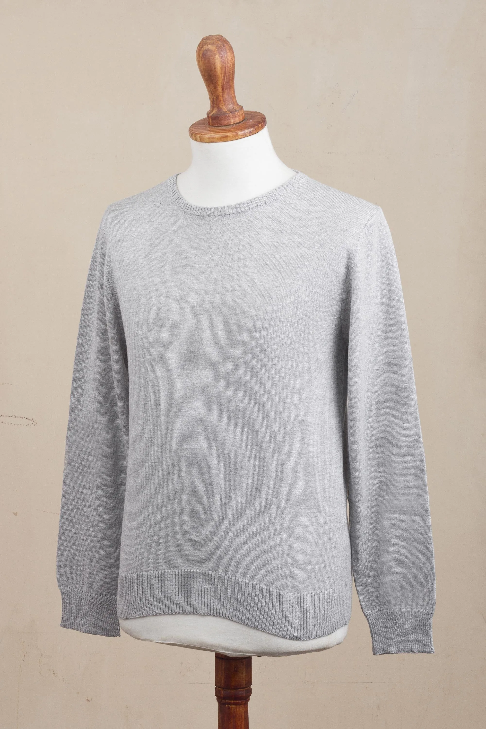 Men's Crew Neck Cotton Blend Pullover in Pearl Grey - Classic Warmth in Pearl Grey | NOVICA