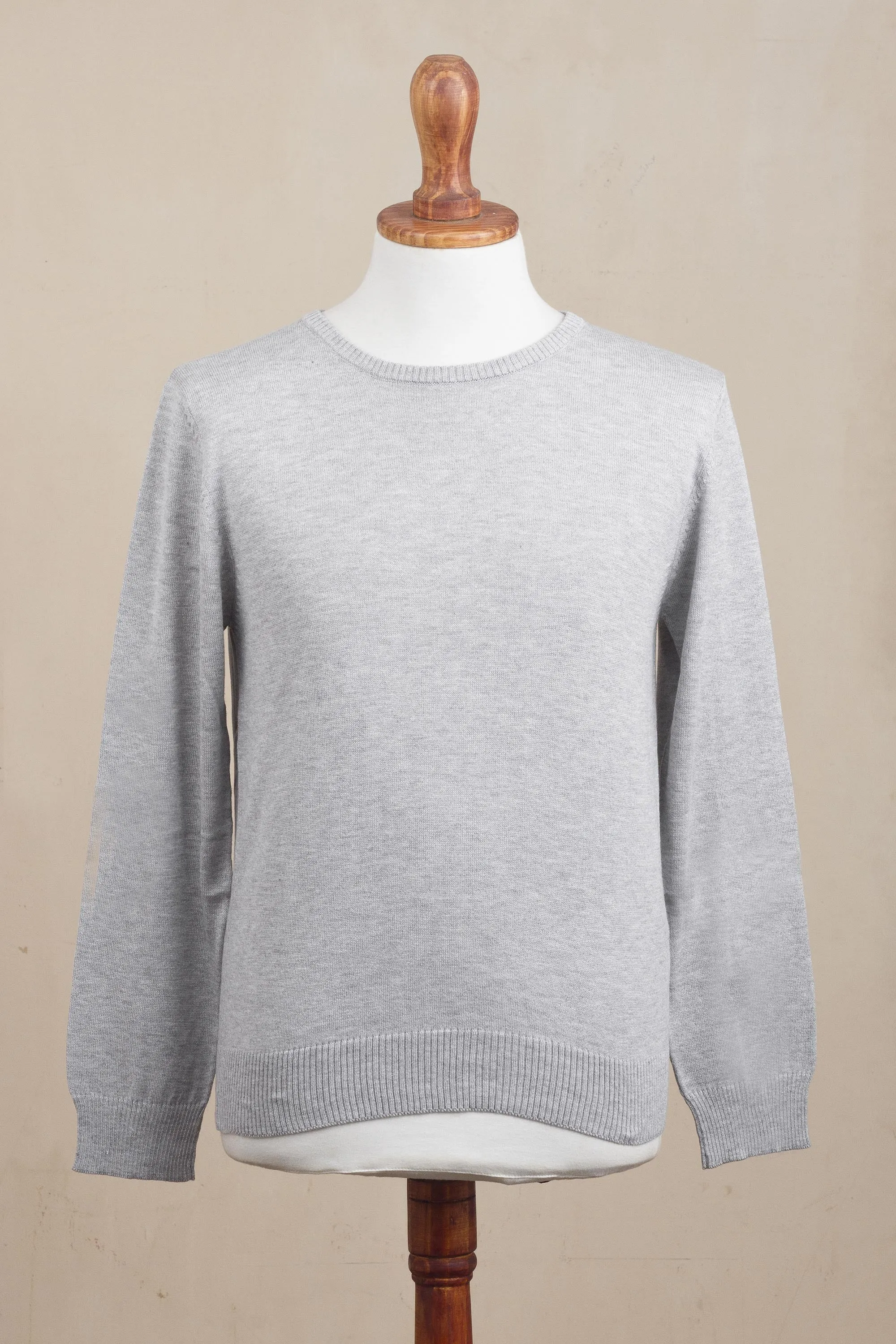 Men's Crew Neck Cotton Blend Pullover in Pearl Grey - Classic Warmth in Pearl Grey | NOVICA