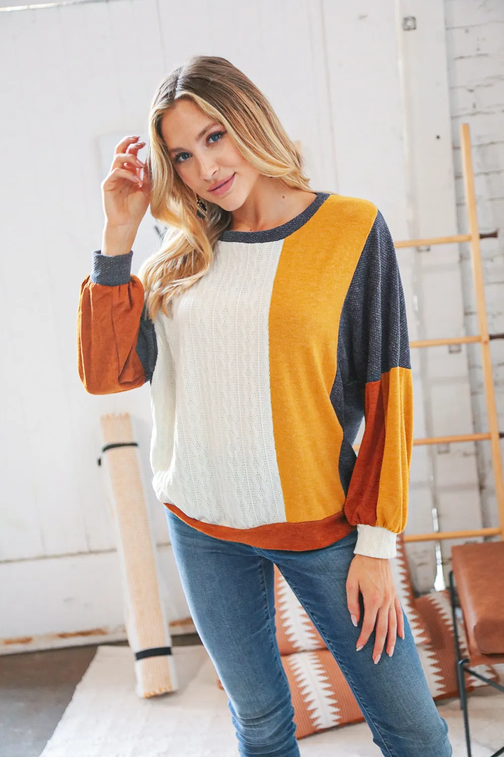 Mustard Cable Knit Hacci &  Jacquard Color Block Pullover