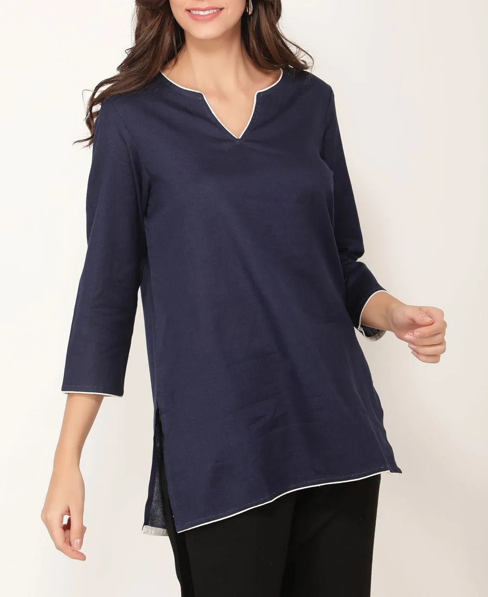 Navy Blue and White Cotton Tunic Top