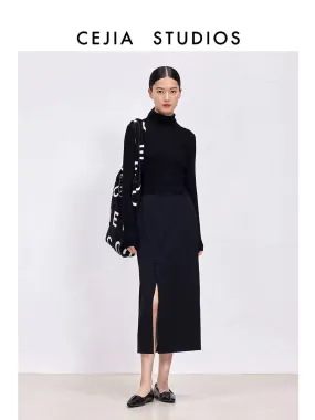 Overknee Black Straight Slit Skirt