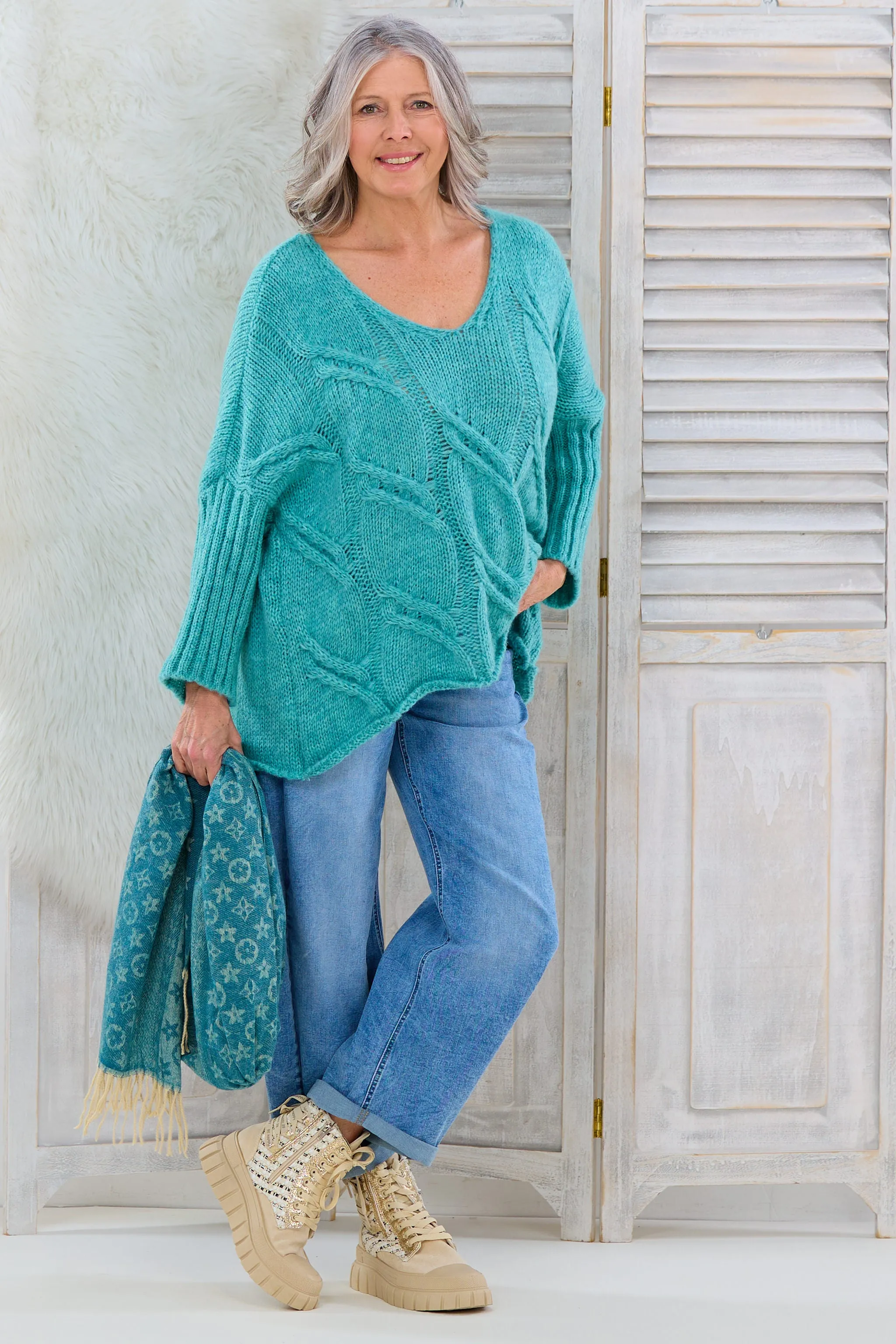 Oversized Strickpulli mit Zopfmuster, hell petrol