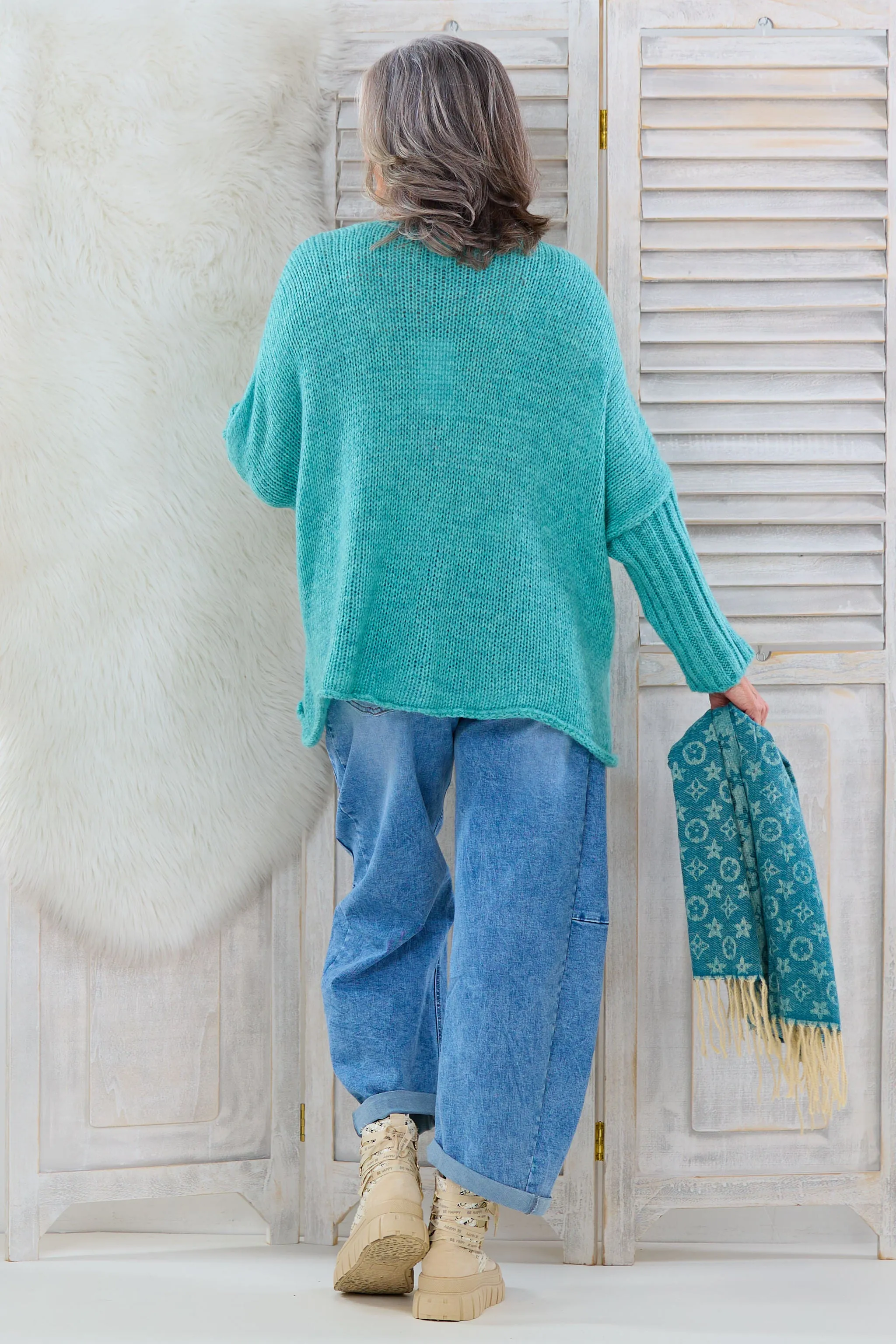 Oversized Strickpulli mit Zopfmuster, hell petrol
