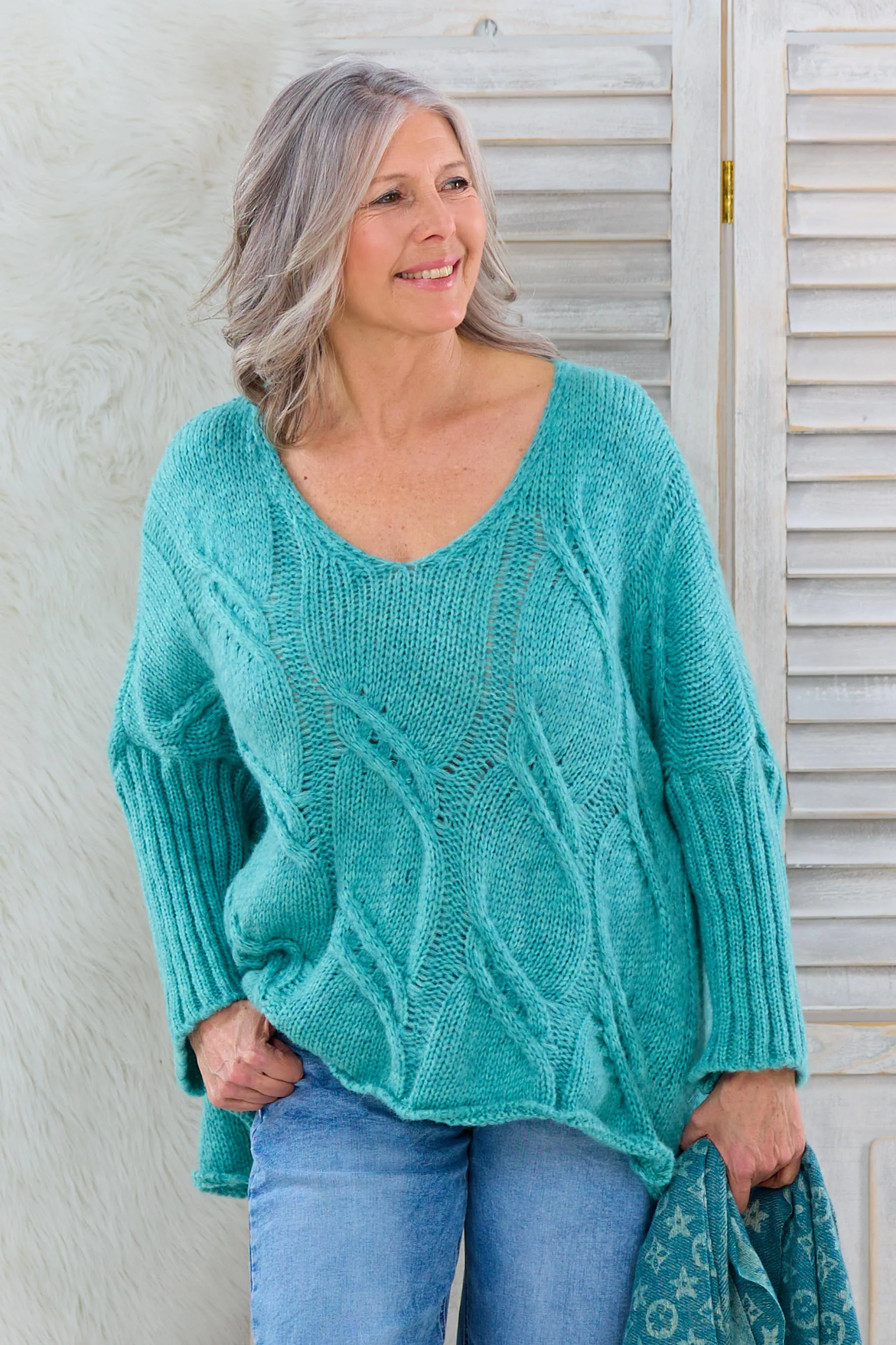 Oversized Strickpulli mit Zopfmuster, hell petrol