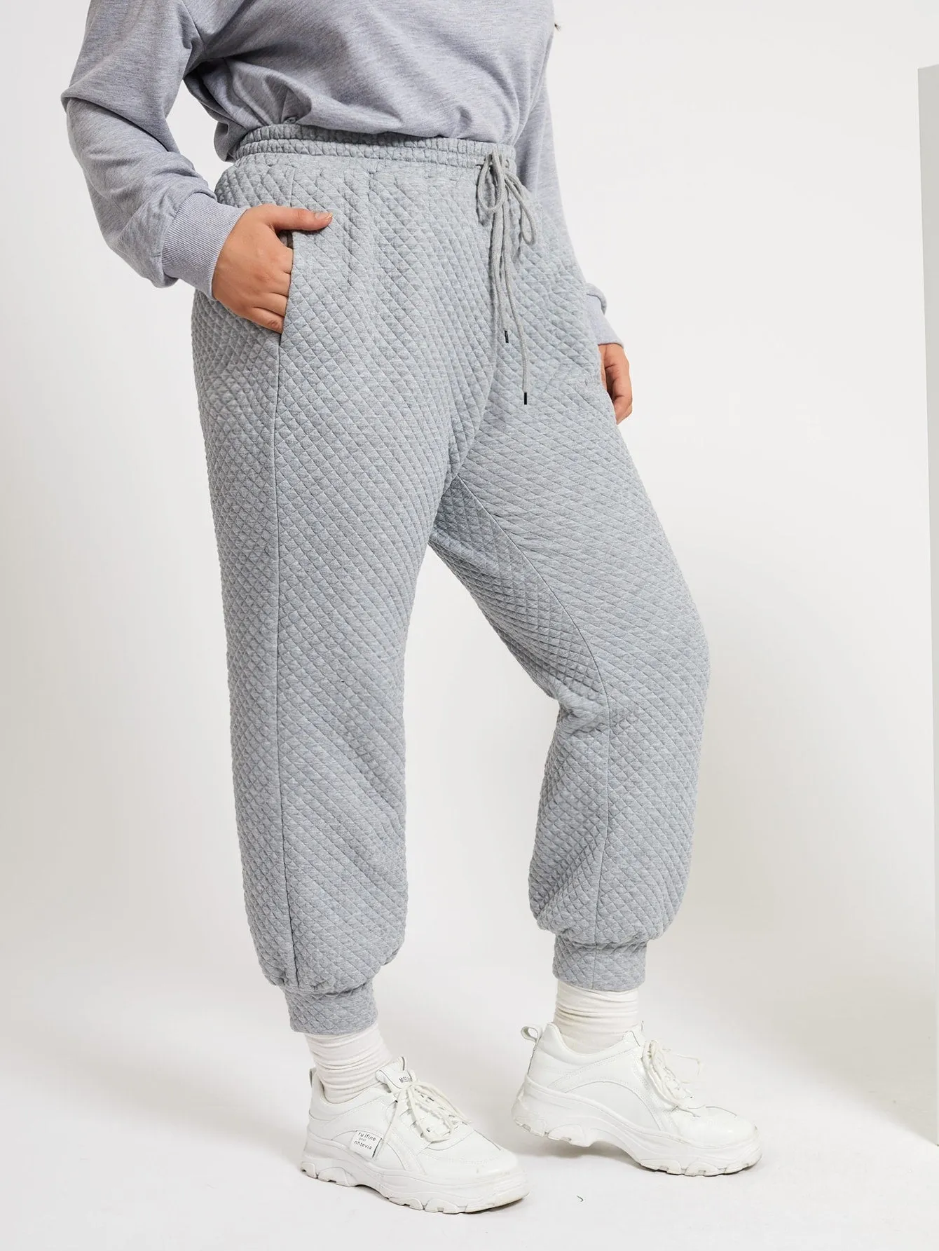 Plain Drawstring Natural Cropped Plus Size Sweatpants