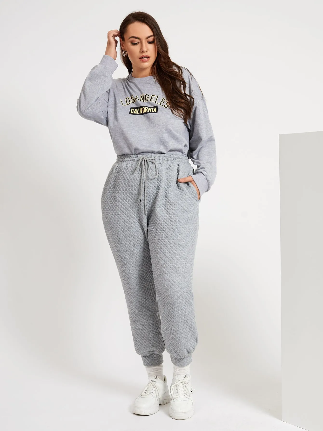 Plain Drawstring Natural Cropped Plus Size Sweatpants