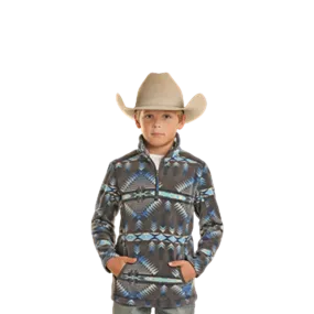 Powder River Kid's Navajo Print Fleece Charcoal and Blue Pullover