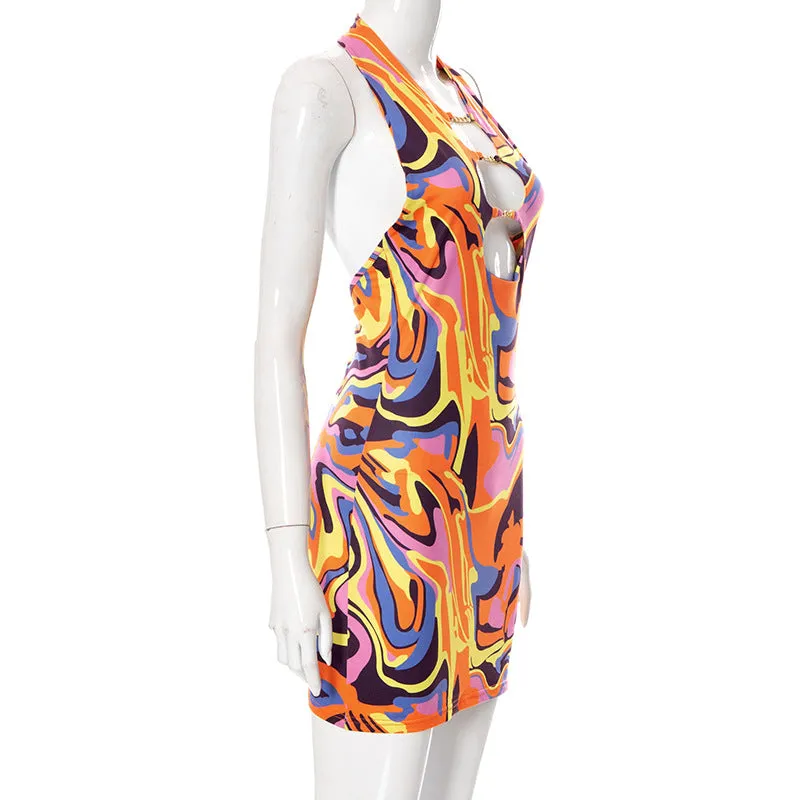 Print Halter Neck Cut Out Bodycon Mini Half Sleeve Backless Stretchy Summer Y2K Dress