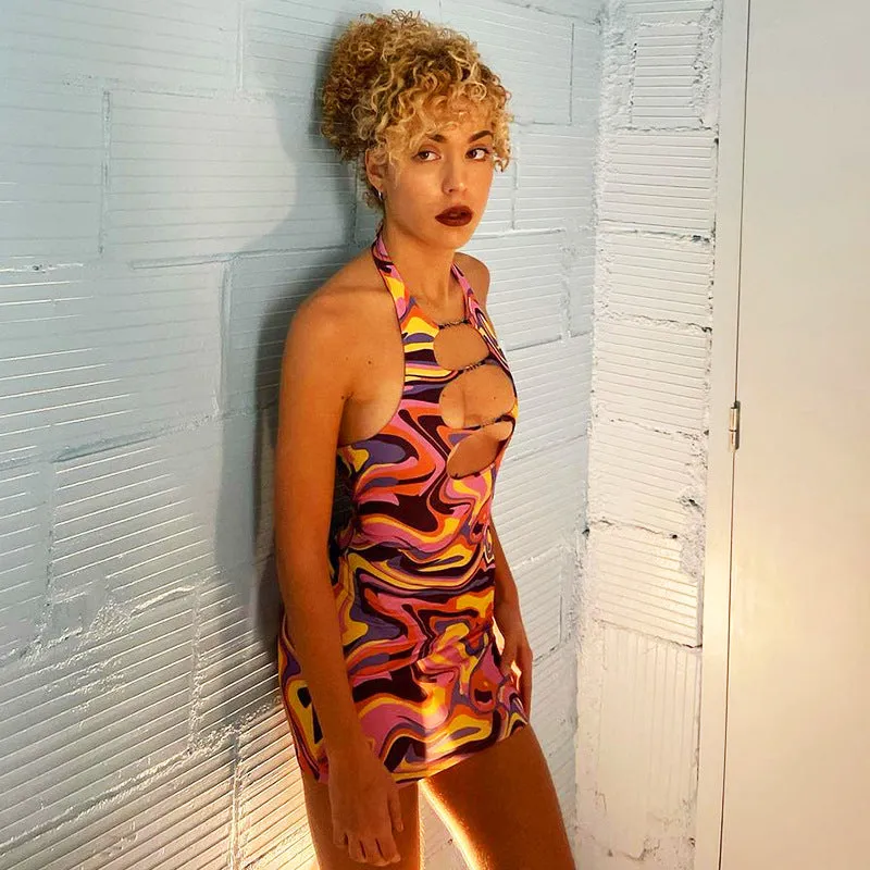 Print Halter Neck Cut Out Bodycon Mini Half Sleeve Backless Stretchy Summer Y2K Dress