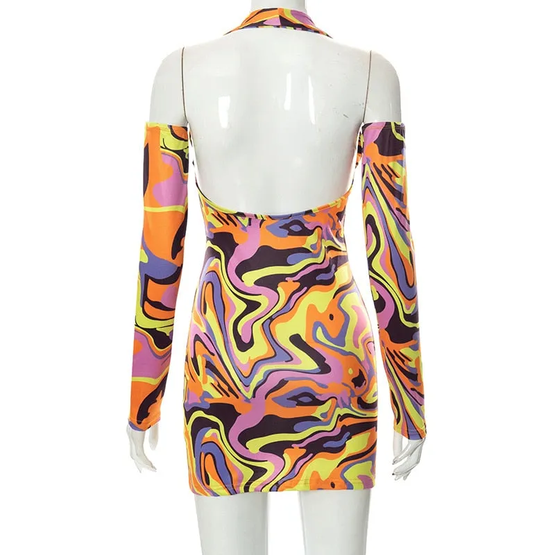 Print Halter Neck Cut Out Bodycon Mini Half Sleeve Backless Stretchy Summer Y2K Dress