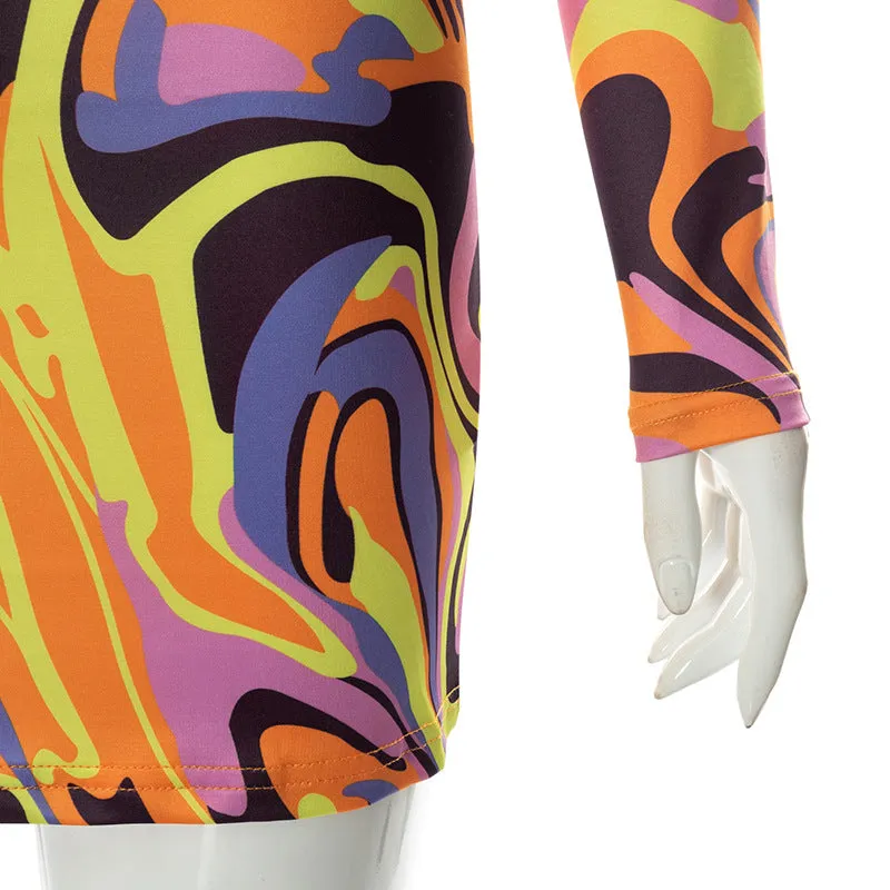 Print Halter Neck Cut Out Bodycon Mini Half Sleeve Backless Stretchy Summer Y2K Dress