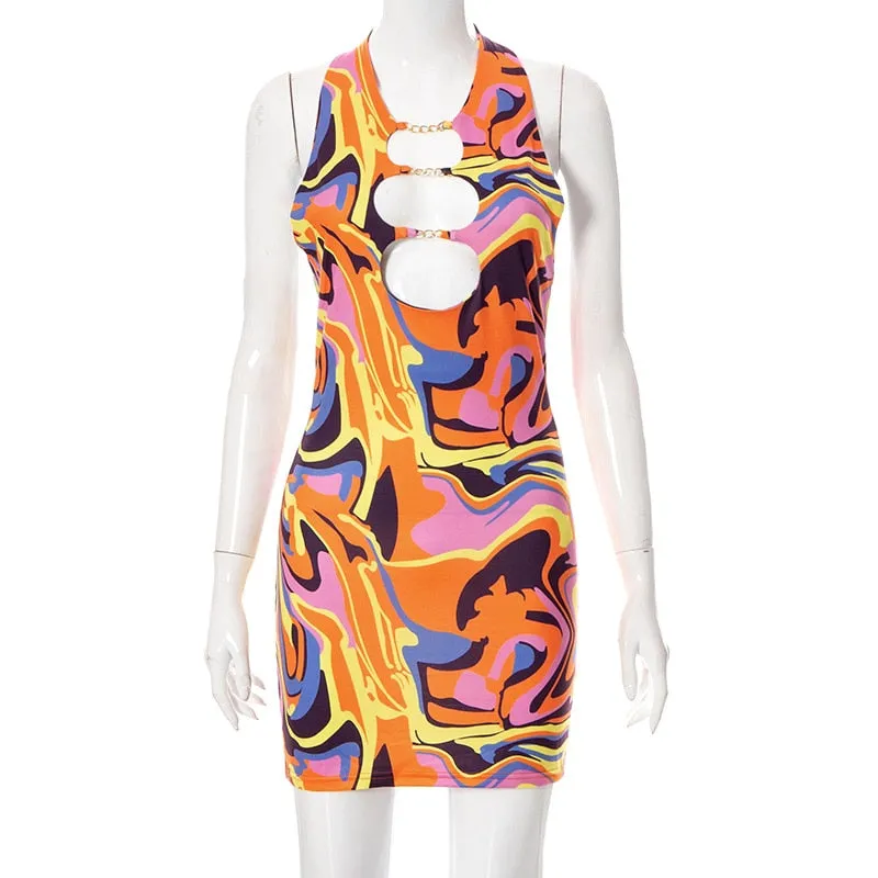 Print Halter Neck Cut Out Bodycon Mini Half Sleeve Backless Stretchy Summer Y2K Dress