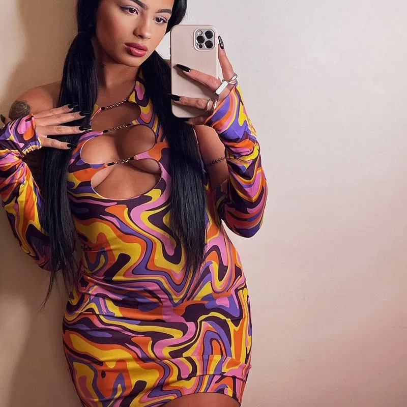Print Halter Neck Cut Out Bodycon Mini Half Sleeve Backless Stretchy Summer Y2K Dress