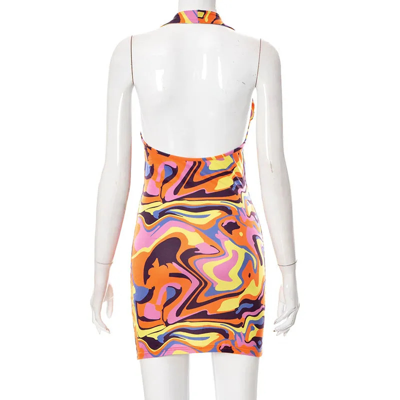 Print Halter Neck Cut Out Bodycon Mini Half Sleeve Backless Stretchy Summer Y2K Dress