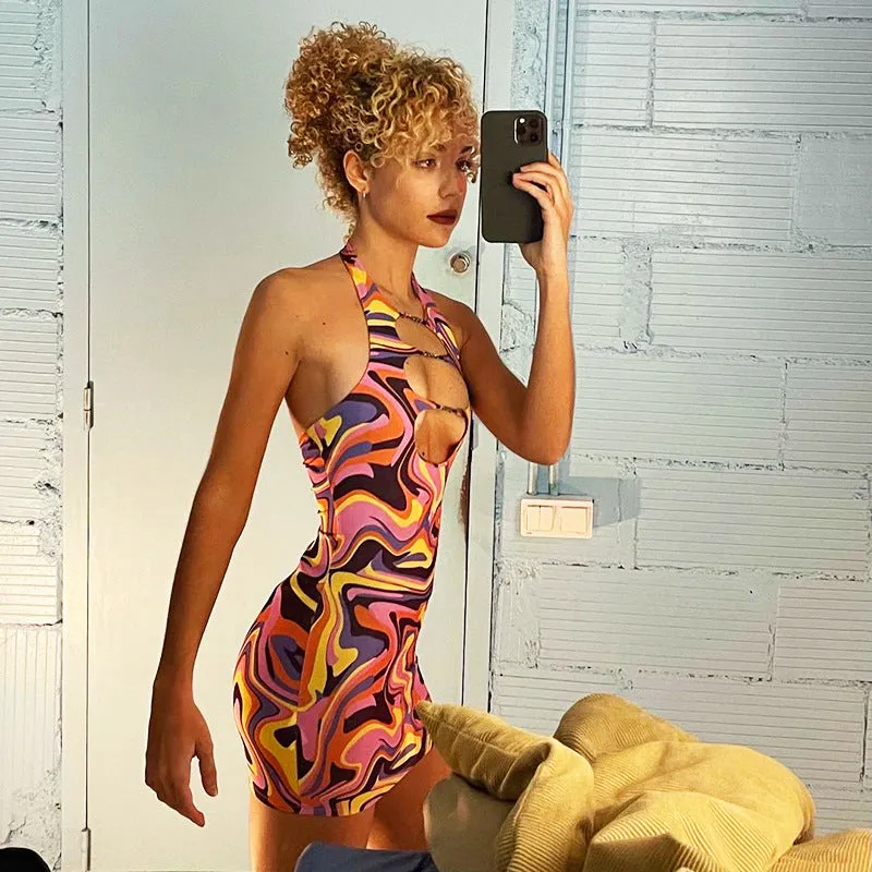 Print Halter Neck Cut Out Bodycon Mini Half Sleeve Backless Stretchy Summer Y2K Dress