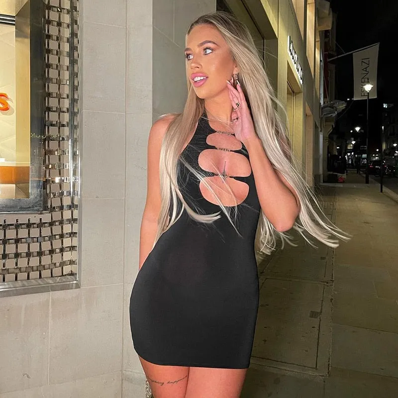 Print Halter Neck Cut Out Bodycon Mini Half Sleeve Backless Stretchy Summer Y2K Dress