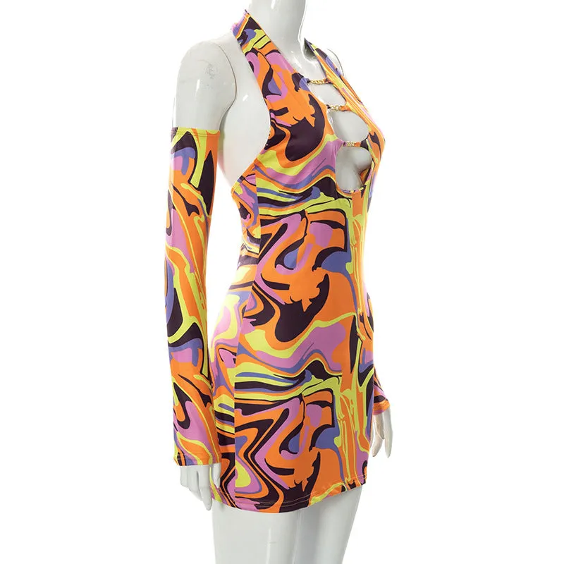 Print Halter Neck Cut Out Bodycon Mini Half Sleeve Backless Stretchy Summer Y2K Dress