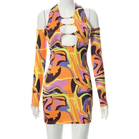 Print Halter Neck Cut Out Bodycon Mini Half Sleeve Backless Stretchy Summer Y2K Dress