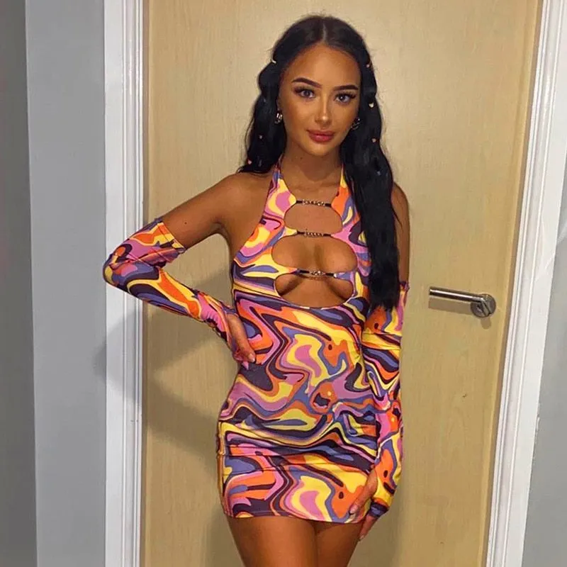 Print Halter Neck Cut Out Bodycon Mini Half Sleeve Backless Stretchy Summer Y2K Dress