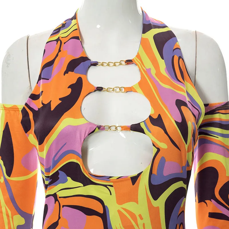 Print Halter Neck Cut Out Bodycon Mini Half Sleeve Backless Stretchy Summer Y2K Dress