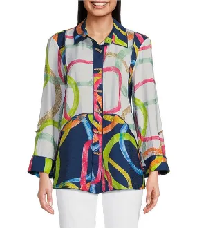 Printed Point Collar 3/4 Roll Tab Sleeve Button Front Tunic
