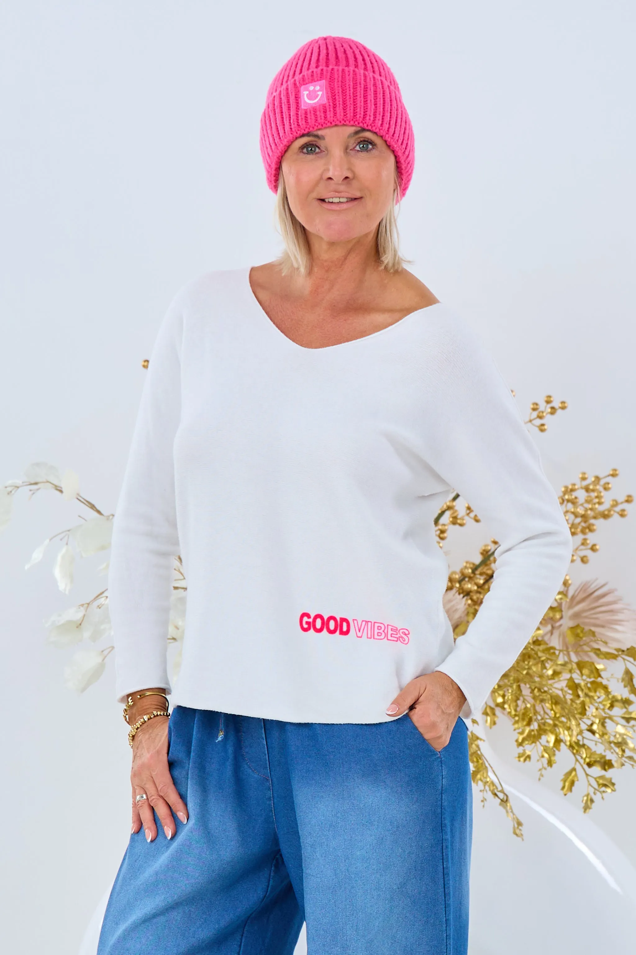 Pulli GOOD VIBES, ecru-pink