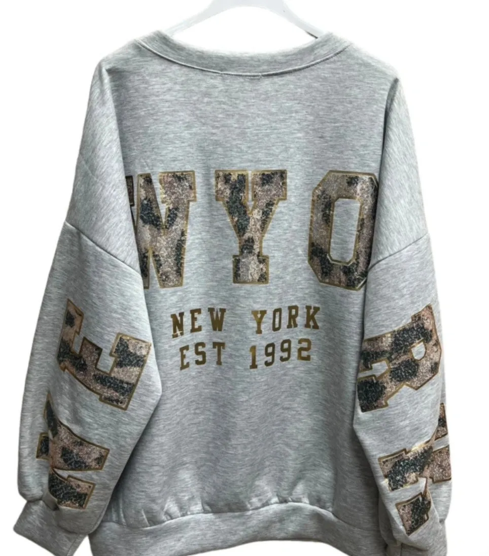 Pullover “New York” Pailletten- Leoschrift